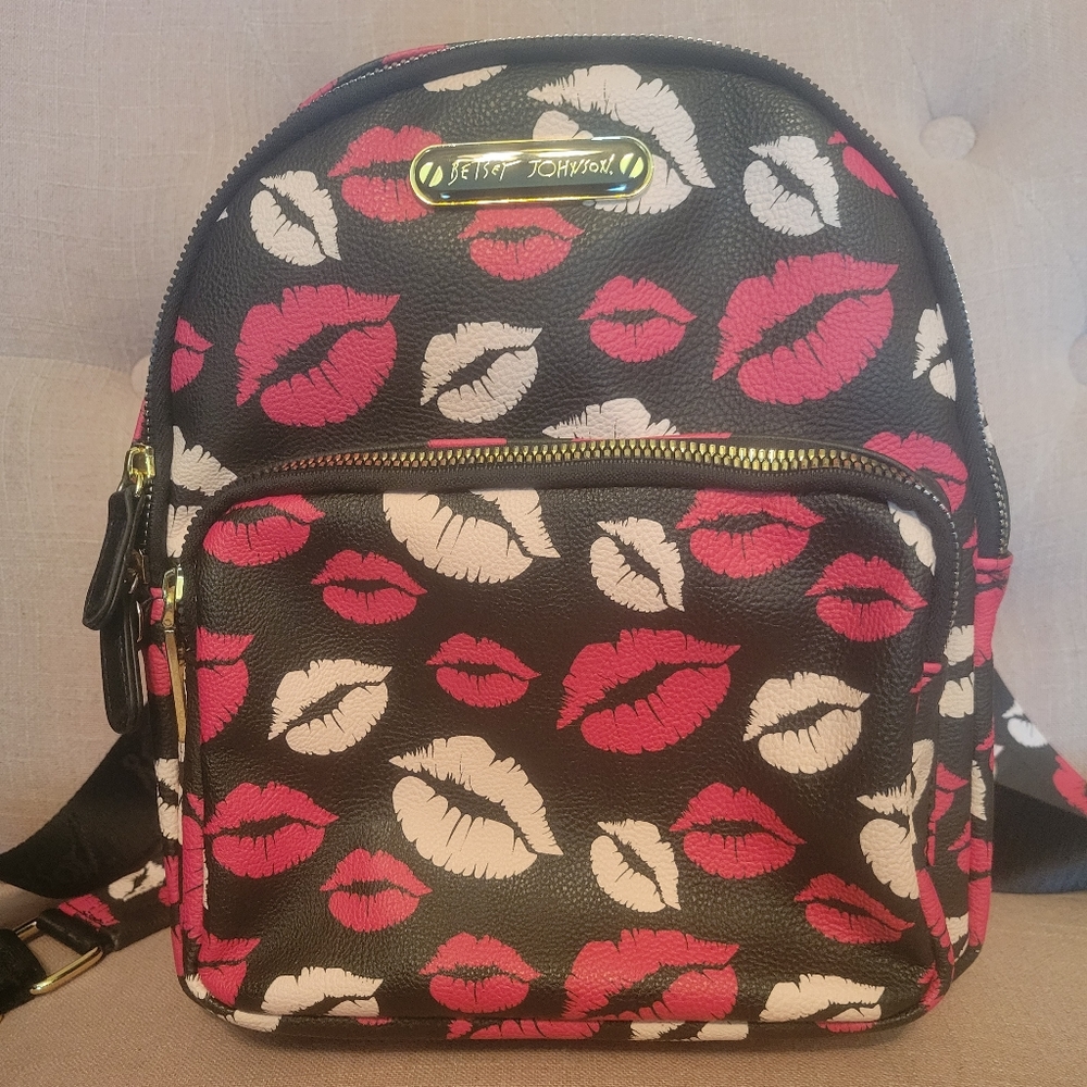 Betsey Johnson Black and Pink Kisses Backpack Purse
